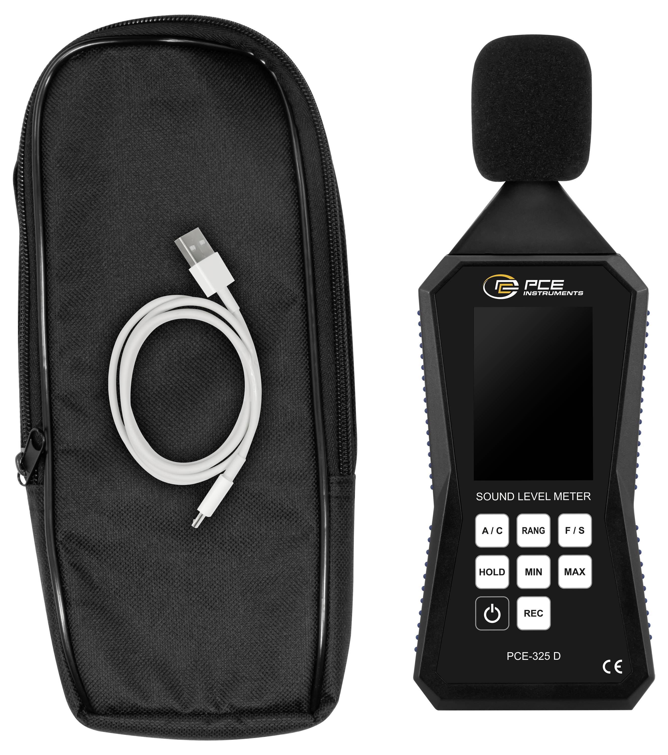 Schallpegelmesser mit Schaumstoff-Mikrofon, Display und Steuertasten, abgebildet neben einem Reißverschluss-Transportkoffer und USB-Kabel.