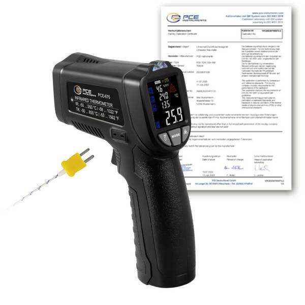 PCE Instruments PCE-675-ICA Infrarot-Thermometer kalibriert (ISO) Optik 12:1 -50 - 850 °C Berührungslose IR-Messung, Kontaktmessung, mit Tauch-/ Einstechfühler