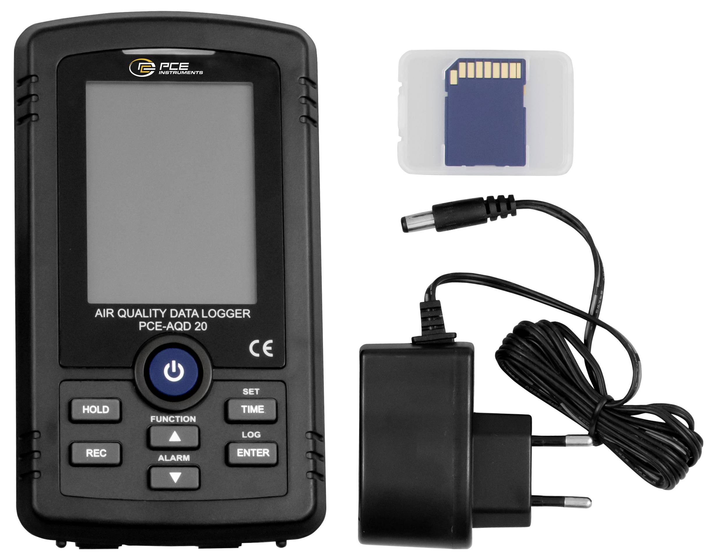 Luftqualitätsdaten-Logger-Gerät mit Bildschirm, Steuertasten, Speicherkarte und Netzteil mit Kabel.