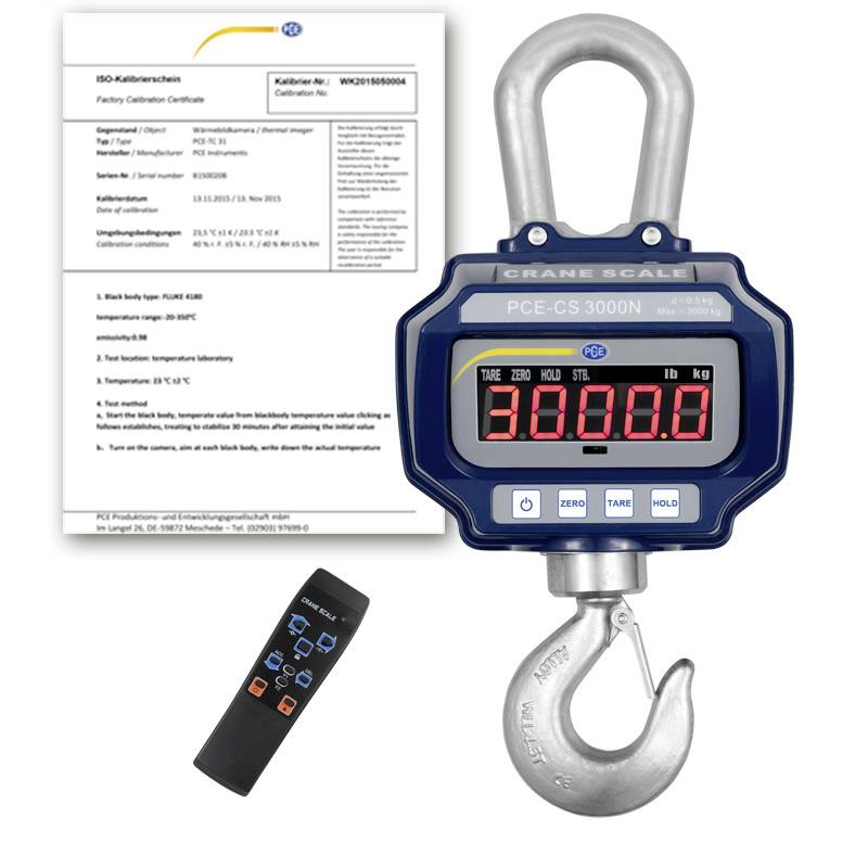 Digitale Kranwaage mit Haken, Fernbedienung und Kalibrierzertifikat; Display zeigt 000.0 an und weist lb/kg-Einheiten auf.