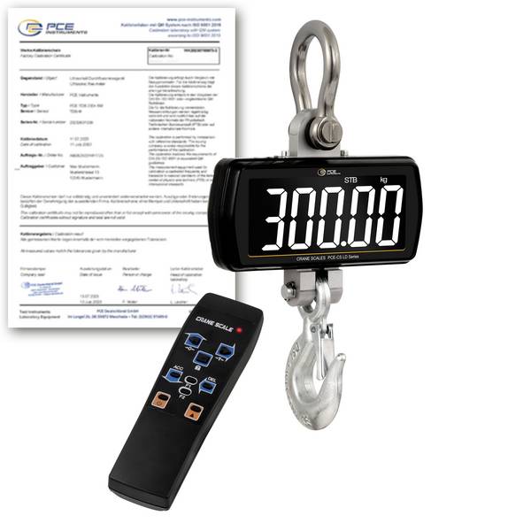 PCE Instruments PCE-CS 300LD-ICA Kranwaage PCE-CS 300LD-ICA kalibriert (ISO) Wägebereich (max.) 300 kg Ablesbarkeit 500 g batteriebetrieben