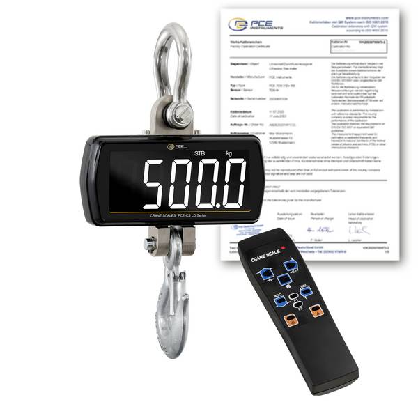 PCE Instruments PCE-CS 500LD-ICA Kranwaage PCE-CS 500LD-ICA kalibriert (ISO) Wägebereich (max.) 500 kg Ablesbarkeit 100 g batteriebetrieben Schwarz