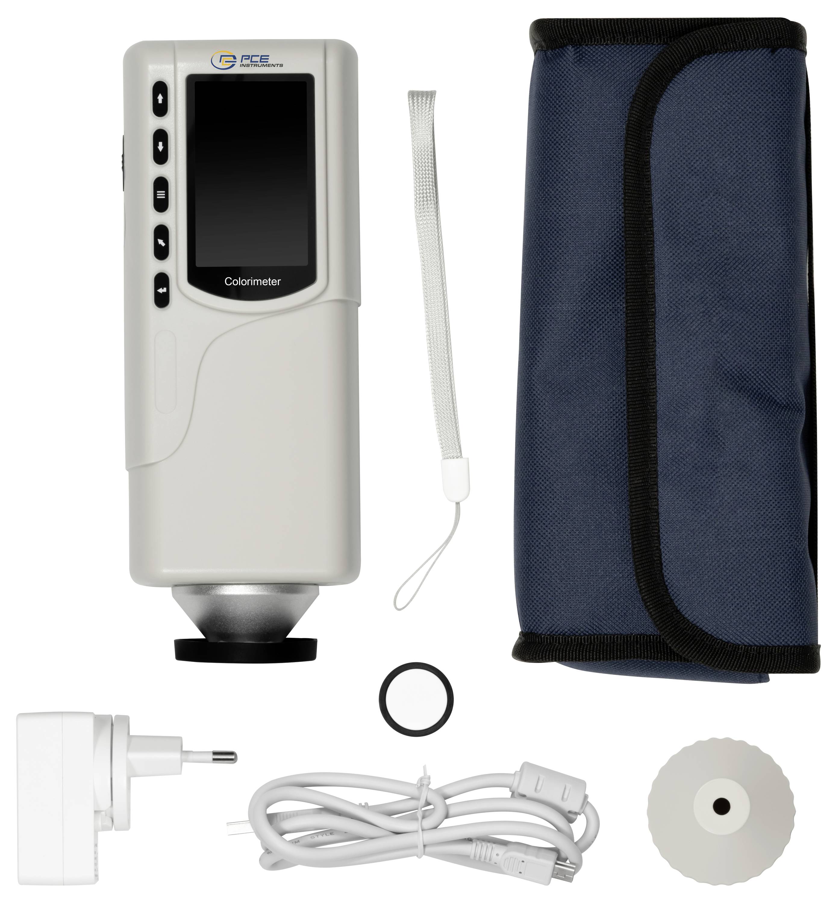 Kolorimeter-Set mit tragbarem Gerät, Handgelenkband, Tragetasche, Netzteil, USB-Kabel und Kalibrierplatte auf weißem Hintergrund.