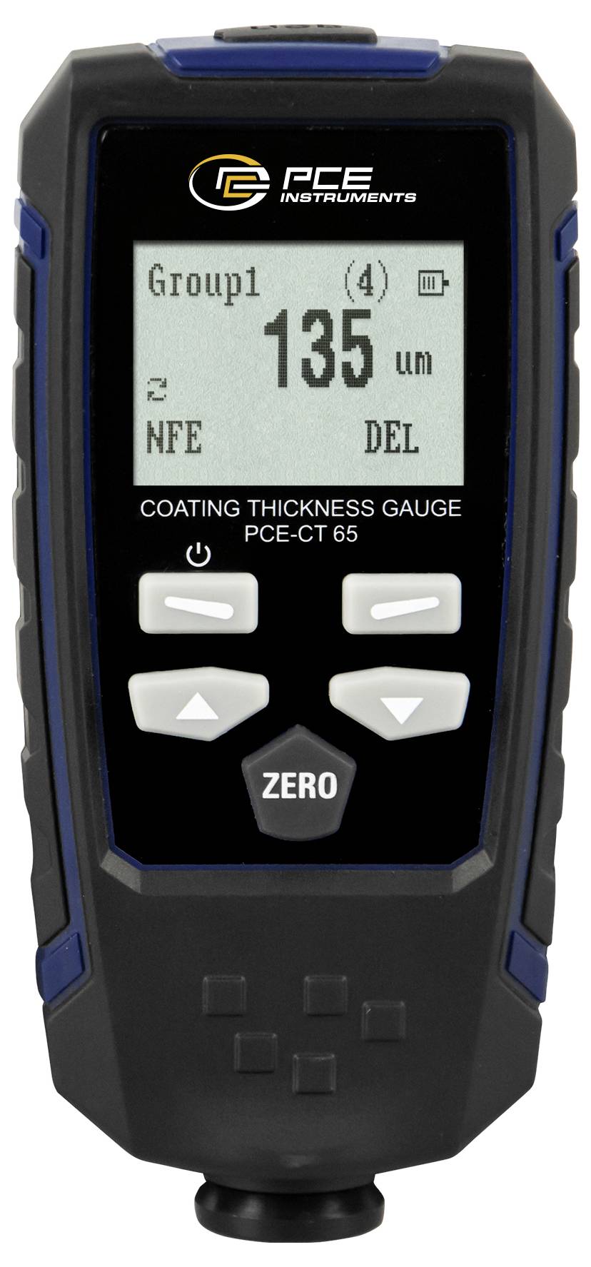 Tragbares PCE-Messinstrument Schichtdickenmessgerät zeigt eine Anzeige von 135 μm für Gruppe 1, mit NFE- und DEL-Modus-Indikatoren und Steuertasten.