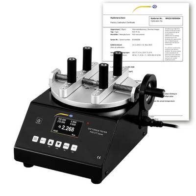 Digitales Drehmoment-Messinstrument mit einstellbarer Spannplattform und Display, gezeigt mit einem Kalibrierschein im Hintergrund.