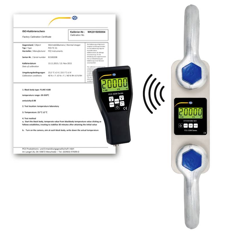 Kalibrierzertifikat und digitales Messinstrument werden mit einer Metallprobe gezeigt und verdeutlichen die drahtlose Temperaturmessung oder Kalibrierüberprüfung.