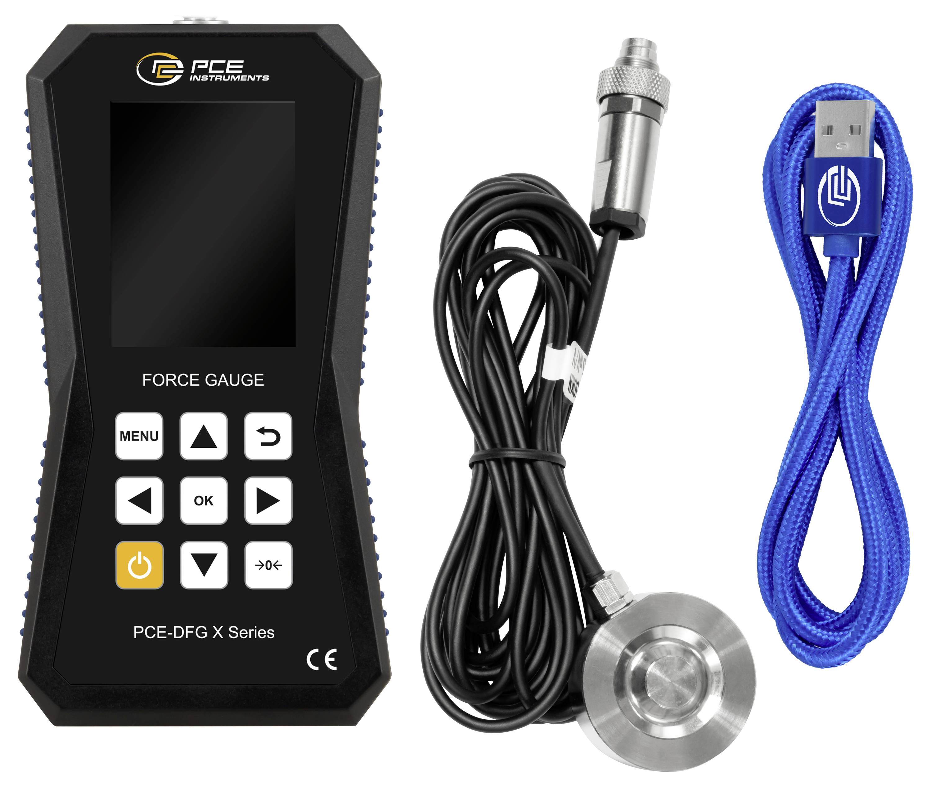 PCE Instruments Kraftmessgerät mit Sensor, Kabel und blauem USB-Ladekabel im Lieferumfang enthalten.