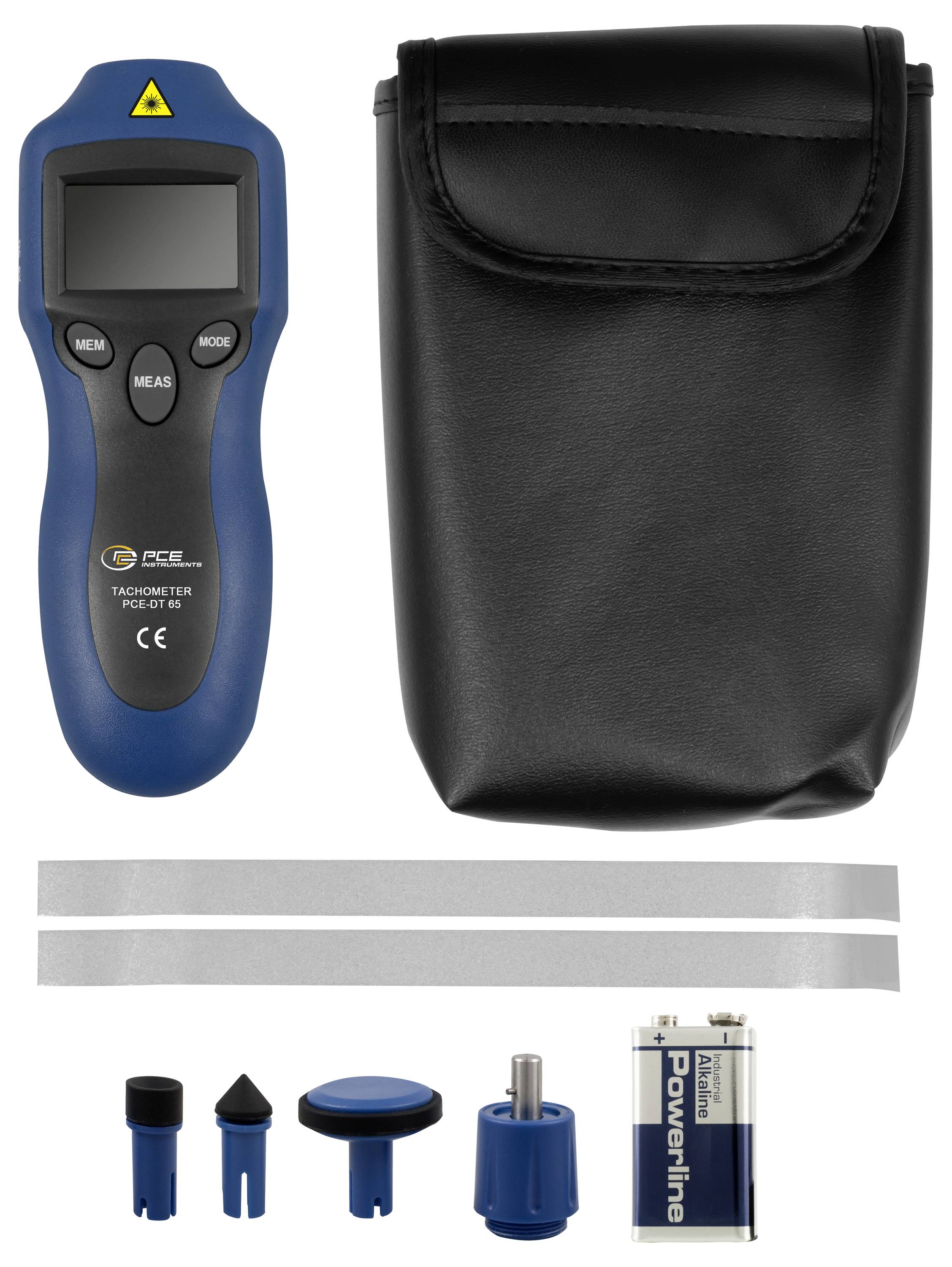 Blauer tragbarer Drehzahlmesser mit Display und Tasten, schwarze Tragetasche, zwei reflektierende Streifen und drei austauschbare Aufsätze plus eine 9-V-Batterie wie unten gezeigt.