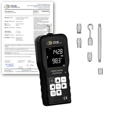 PCE-Kraftmessgerät mit Kalibrierzertifikat und daneben angezeigten austauschbaren Testadaptern.