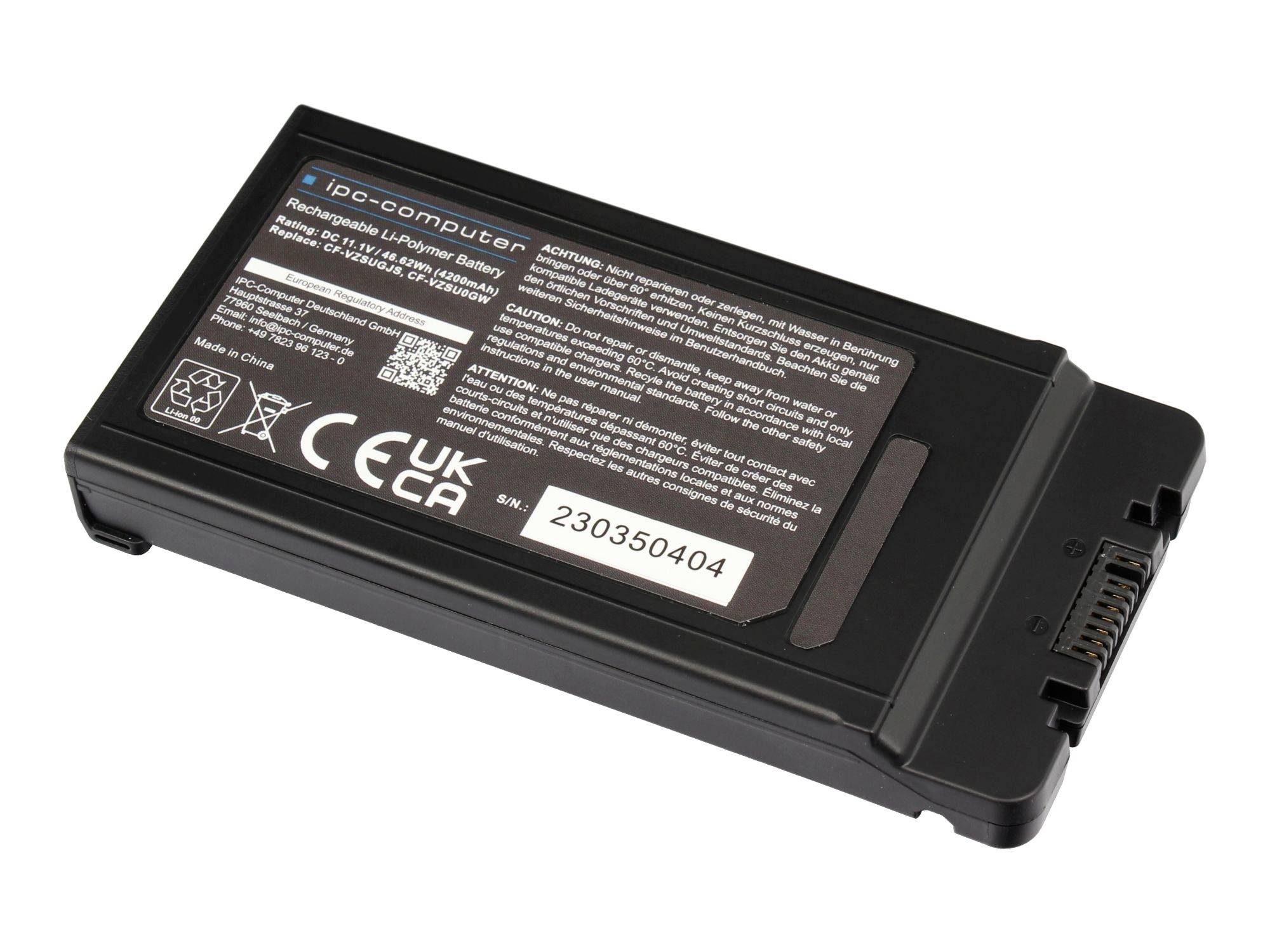 Wiederaufladbarer Batteriepak für Black ipc-Computer mit Produktetikett und CE-Kennzeichnungen auf weißem Hintergrund.