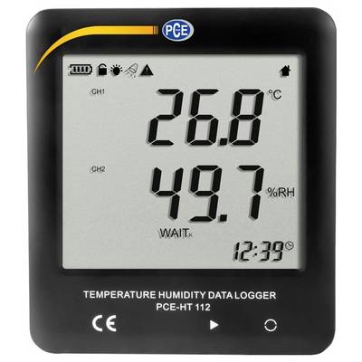 Digitales Temperatur- und Feuchtemessgerät mit Anzeige von 26,8°C und 49,7% RF, mit Gerätekennzeichnung „PCE-HT 112".