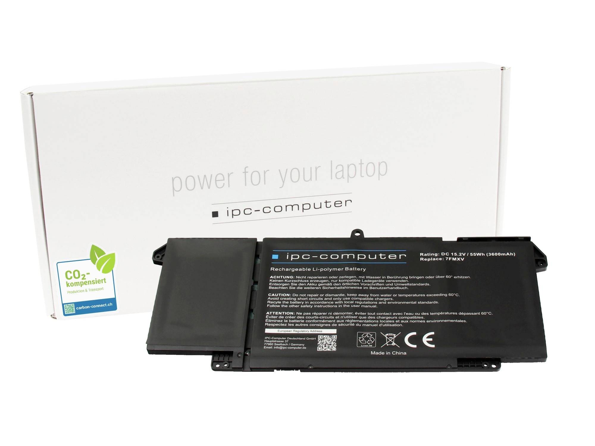 Ersatzbatterie für Laptop, abgebildet vor der Verpackung mit der Aufschrift „Power für Ihren Laptop" und „ipc-computer", mit CO2-kompensiertem Logo.