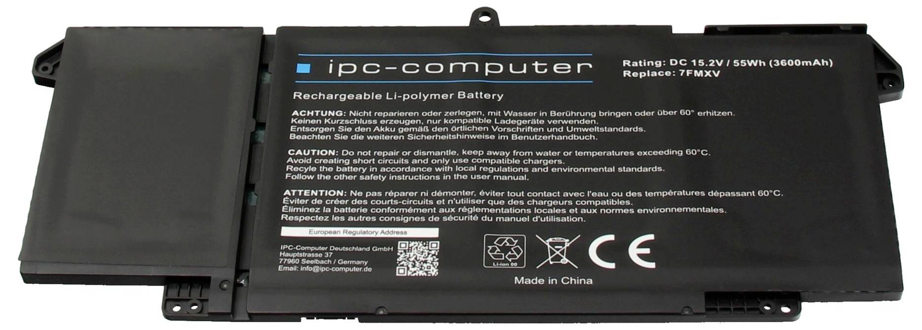 Laptop-Akku mit der Bezeichnung „ipc-computer" mit technischen Daten und Sicherheitswarnungen auf dem Gehäuse bedruckt, hergestellt in China.