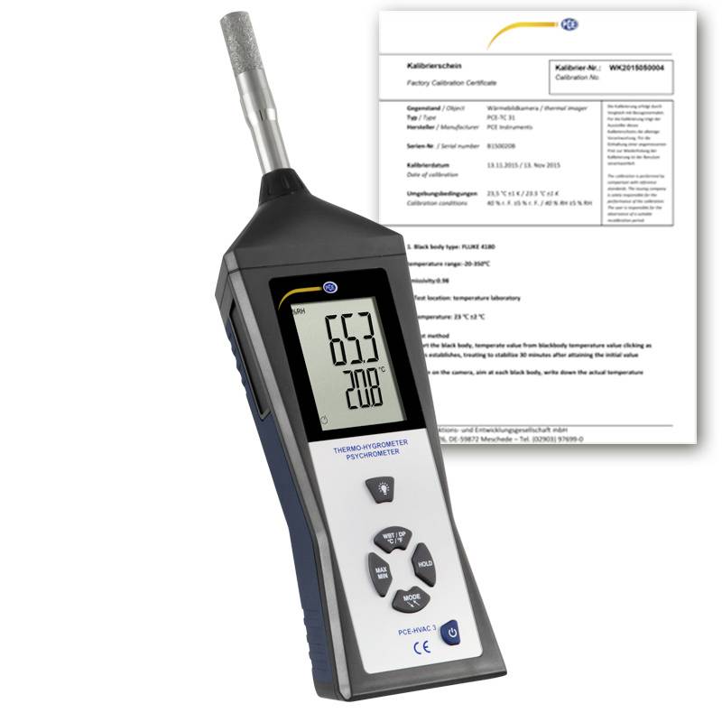 Tragbares digitales Thermometer mit Messfühler, zeigt 6,53 und 20,8 auf dem Bildschirm an, neben einem Kalibrierungszertifikat.