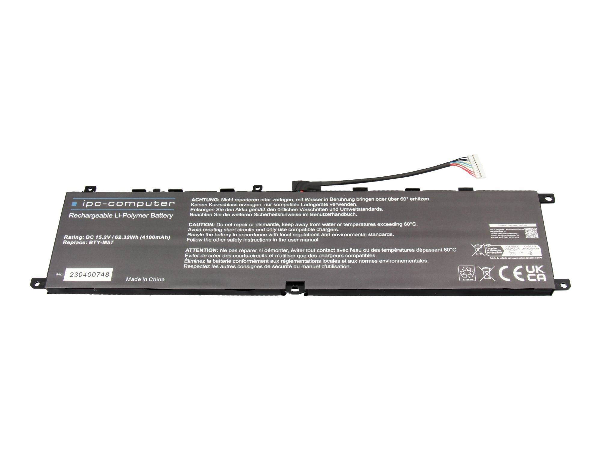 Rechteckiges wiederaufladbares Lithium-Polymer-Akku-Pack mit angeschlossenem Kabel und Stecker, mit der Bezeichnung „ipc-computer" auf weißem Hintergrund.
