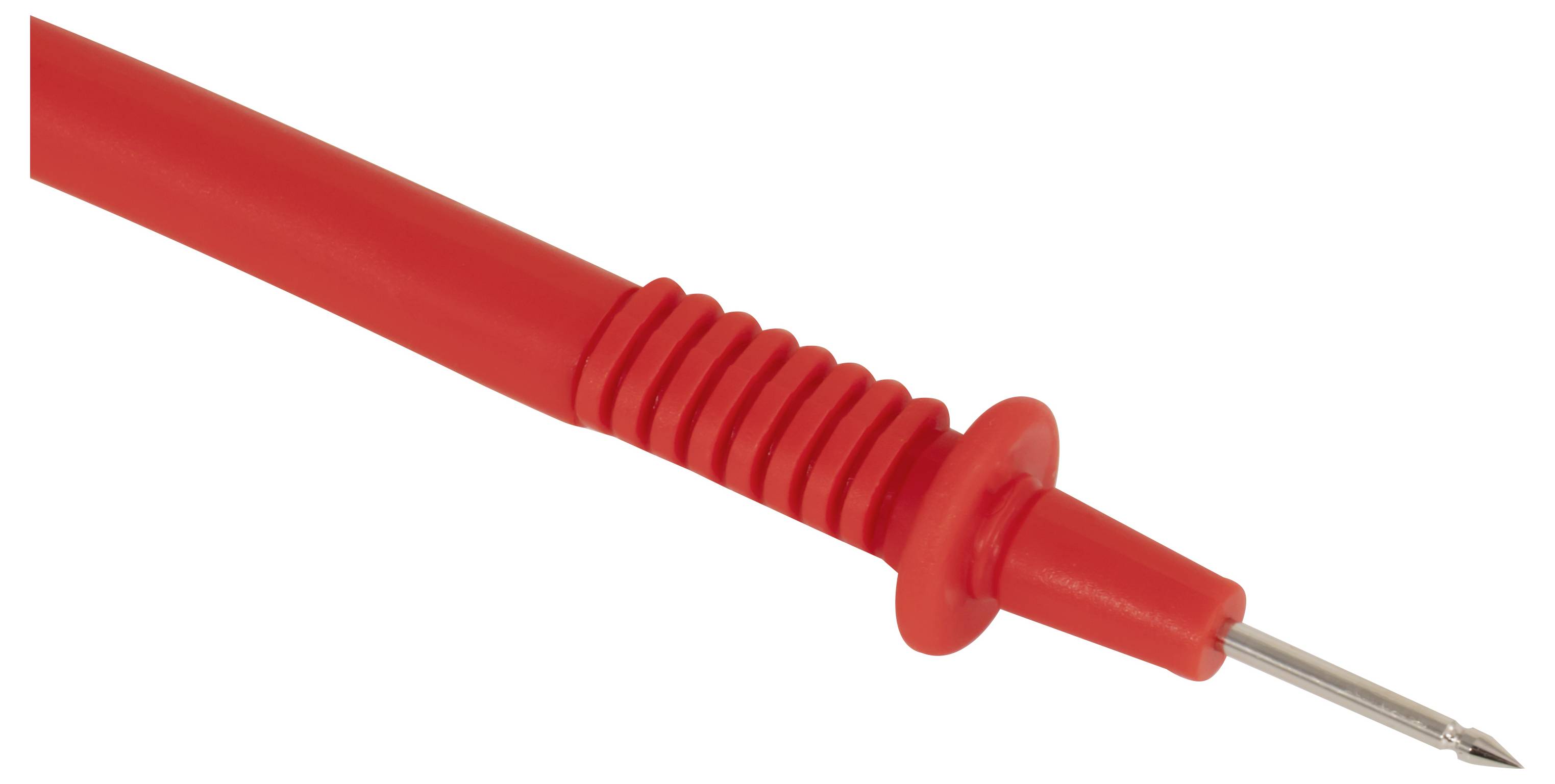 Rotes Multimeter-Messfühler mit spitzer Metallspitze auf weißem Hintergrund.