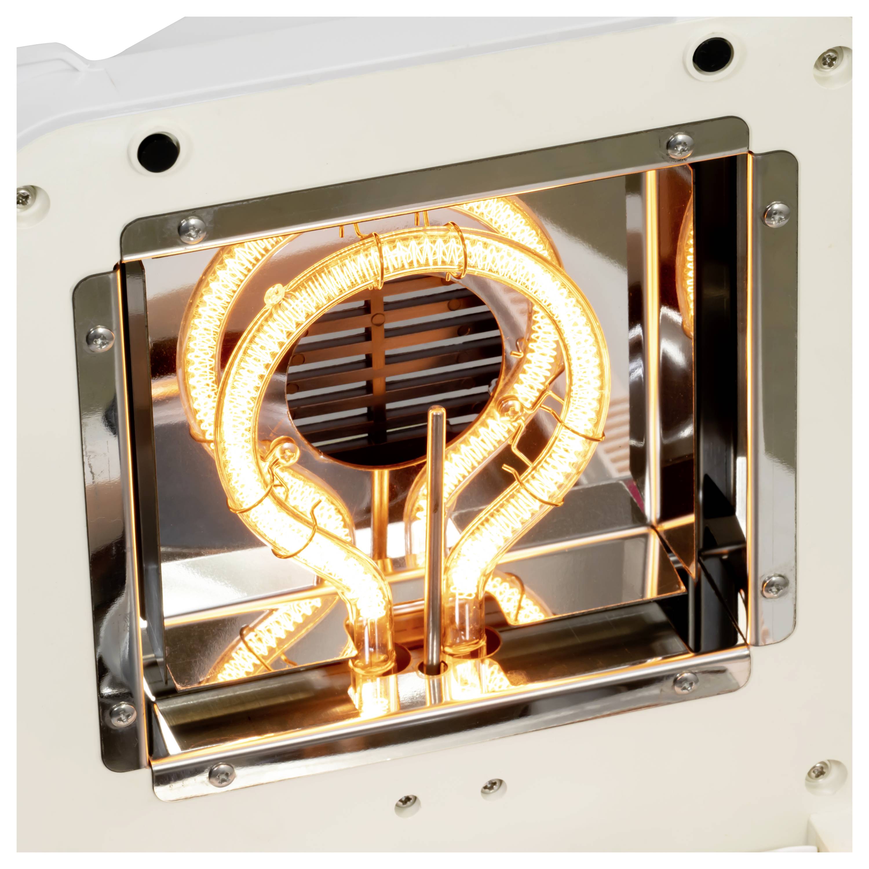 Nahaufnahme eines leuchtend orangen spiralförmigen Heizelements in einem Metallgerätegehäuse.