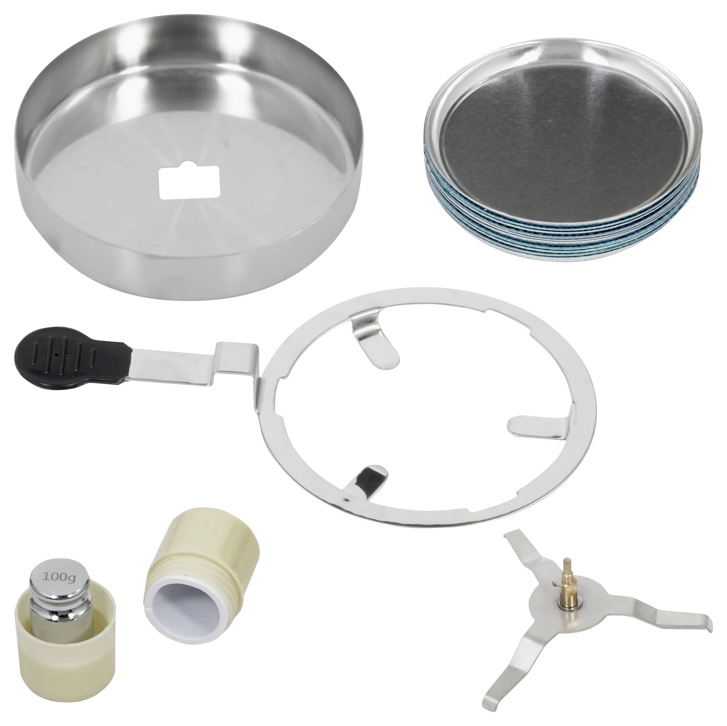 Edelstahl- und Kunststoff-Ersatzteile für eine Popcornmaschine, einschließlich einer Schüssel, eines Tabletts, eines Rings, eines Deckels, einer Achskappe und einer dreibeinigen Nabe.