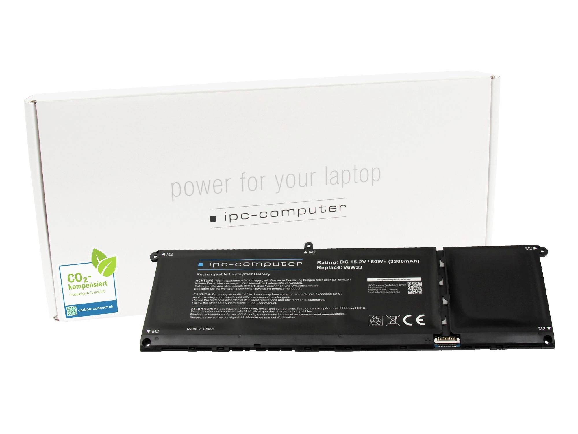 Laptop-Akku mit Verpackungsbox mit der Aufschrift "Strom für Ihren Laptop" und IPC-Computer-Branding, auf weißem Hintergrund dargestellt.