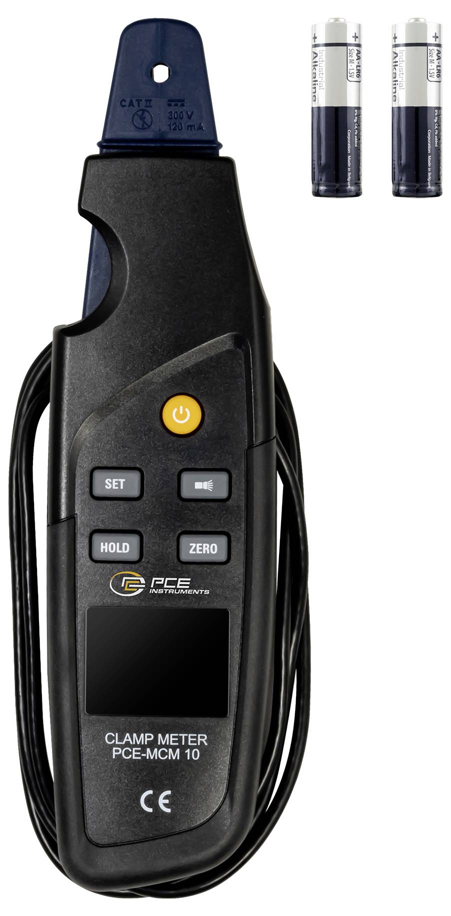 Stromzangenmessgerät mit LCD-Display und Tasten, mit der Bezeichnung „PCE-MCM 10", dargestellt mit zwei Batterien oben rechts.