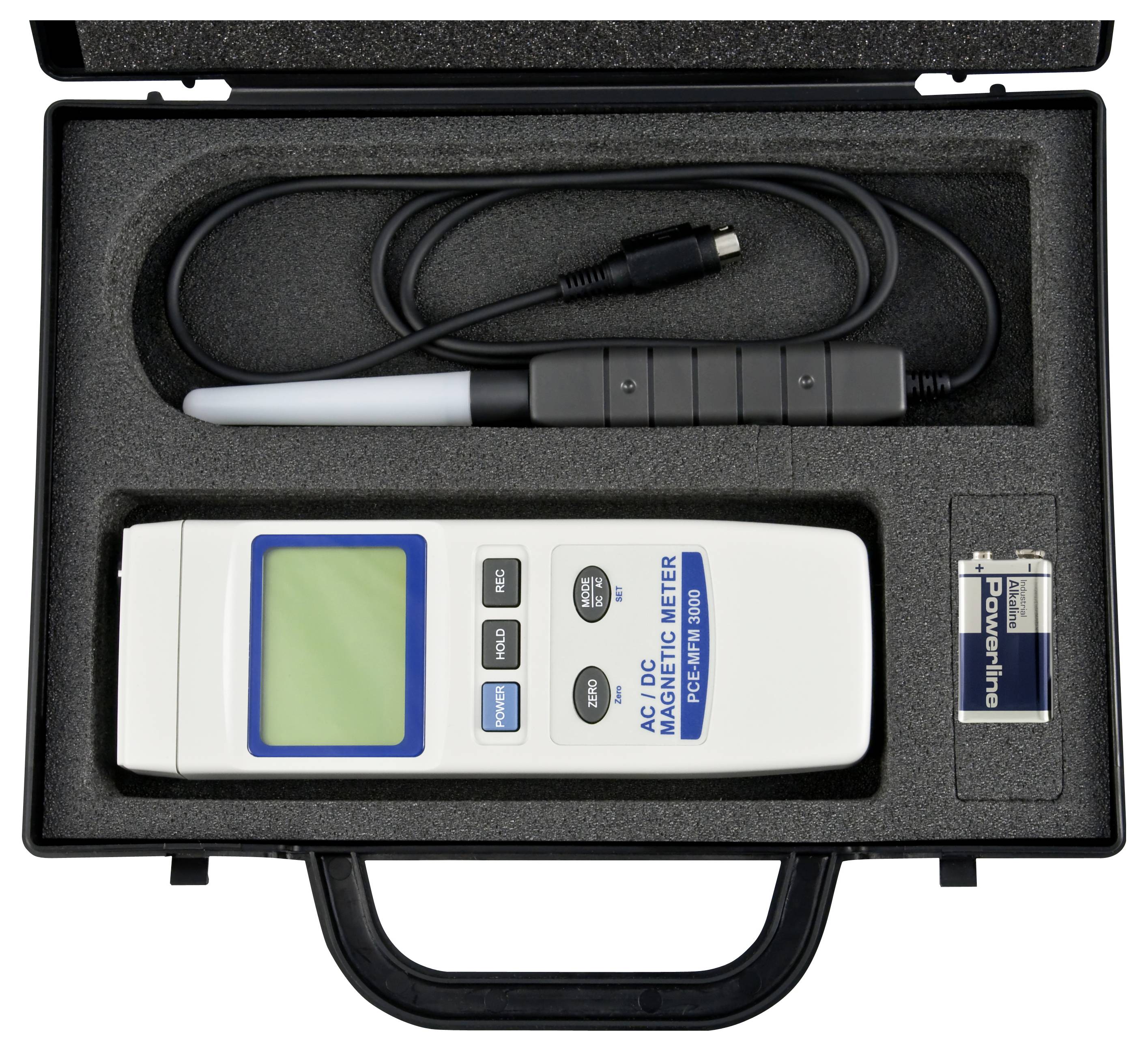 Tragbares Hygrometer-Set in einem Schaumstoffkoffer mit tragbarem digitalen Messgerät, Sonde, Kabel und 9-V-Batterie.