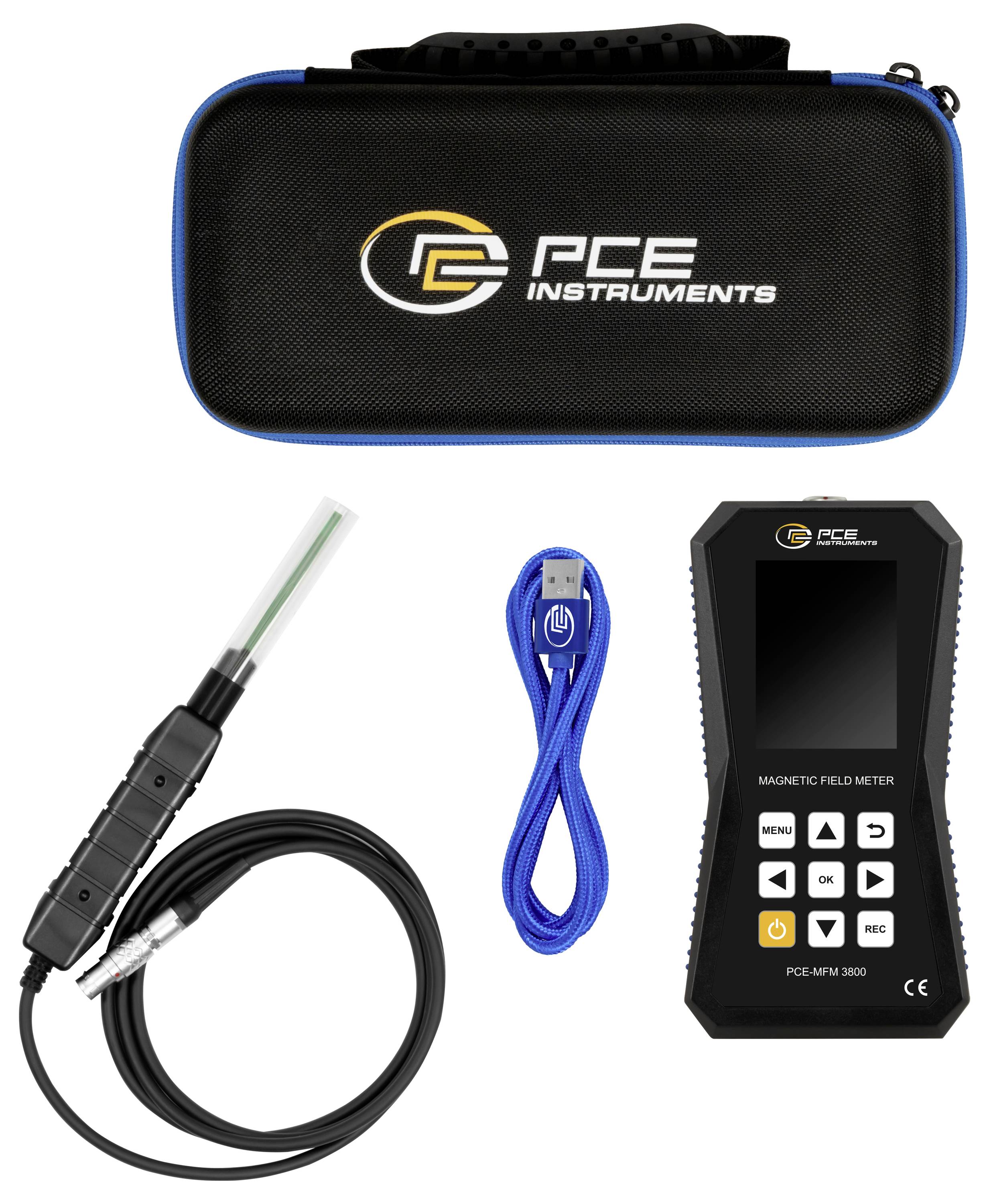PCE Instruments Magnetfeldmessgerät-Set mit Tragetasche, Sonde, USB-Kabel und tragbarem Messwertanzeige-Display.