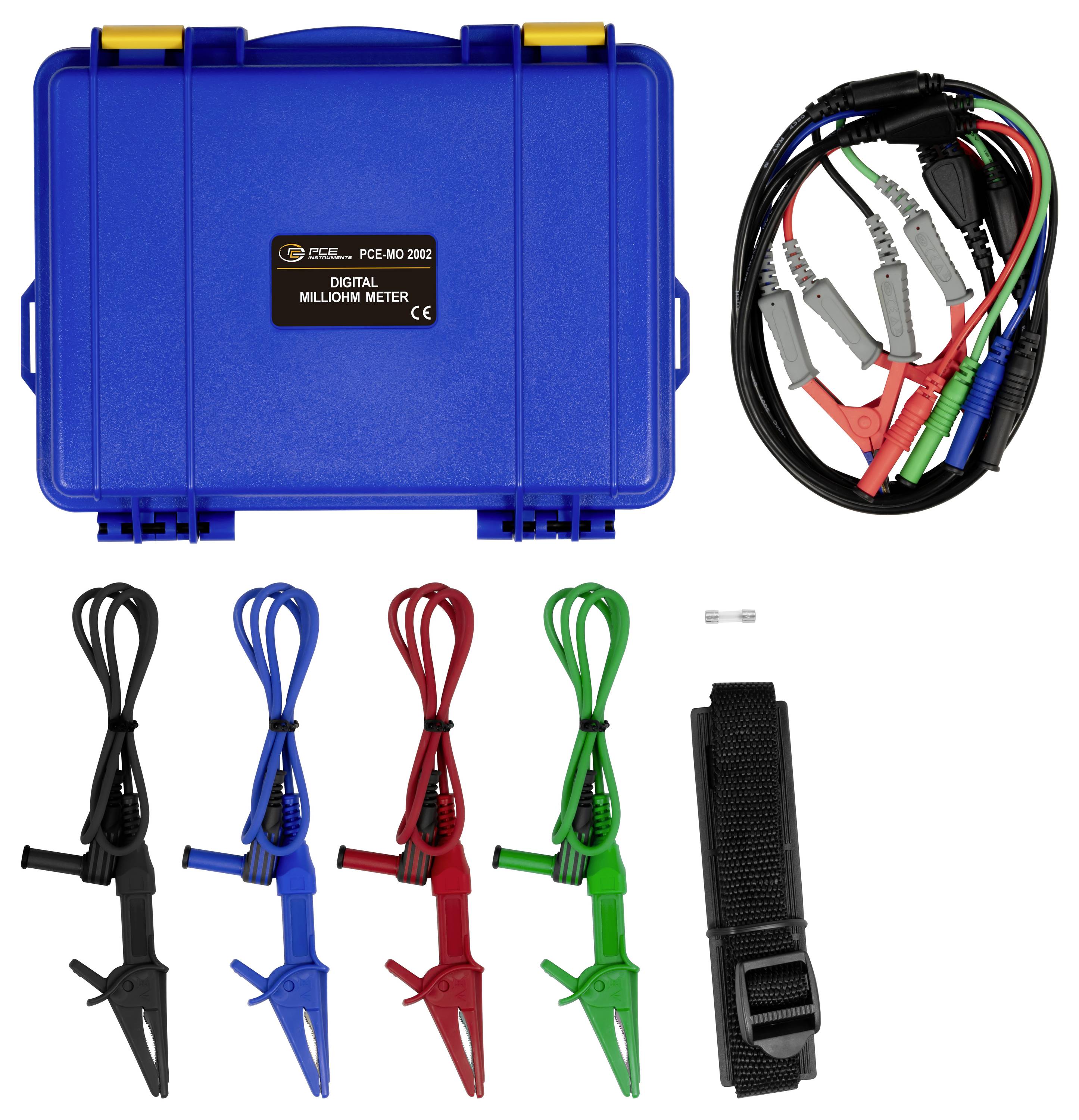Blaues digitales Milliohm-Messgeräte-Set in einem Hartschalenkoffer mit Messleitungen, Zangenprüfspitzen, Kabel und Trageschlaufe.
