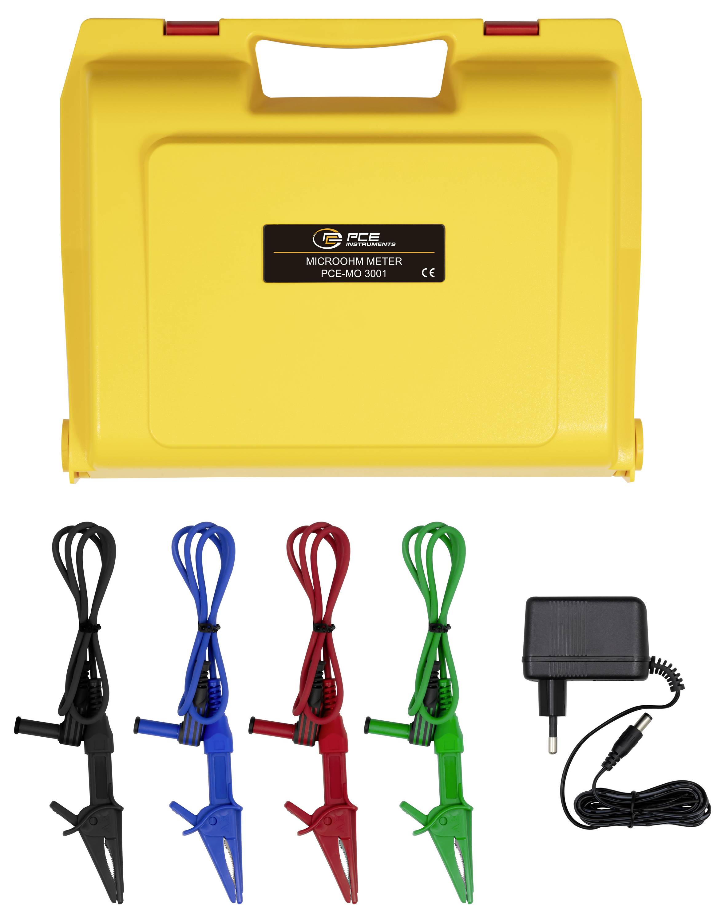 Gelbes robustes Transportkoffertchen mit der Aufschrift „PCE" mit vier farbigen Klemmprüfspitzen und einem schwarzen Netzadapter, vermutlich ein Micro-Ohmmeter-Set.