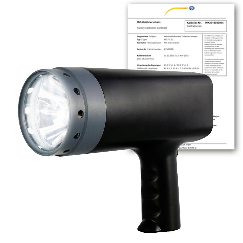Schwarze tragbare Kalibrierlampe mit einem dahinter gezeigten Dokumentzertifikat.