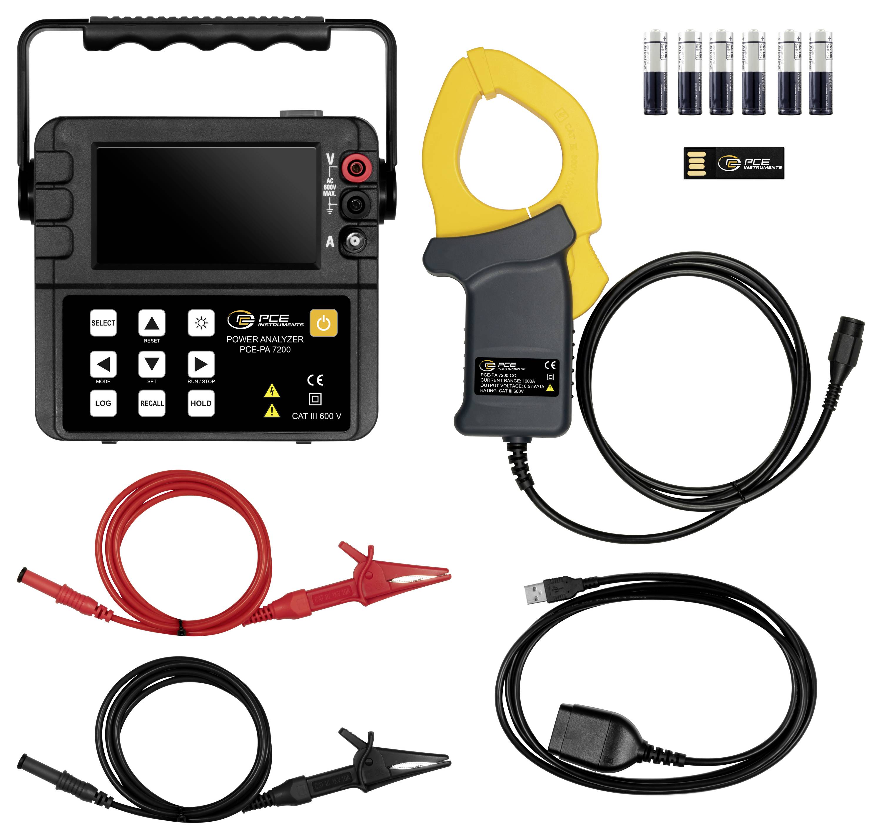 Stromanalysator-Set mit tragbarem Messinstrument, Zangensensor, Kabeln, Batterien und Prüfspitzen.
