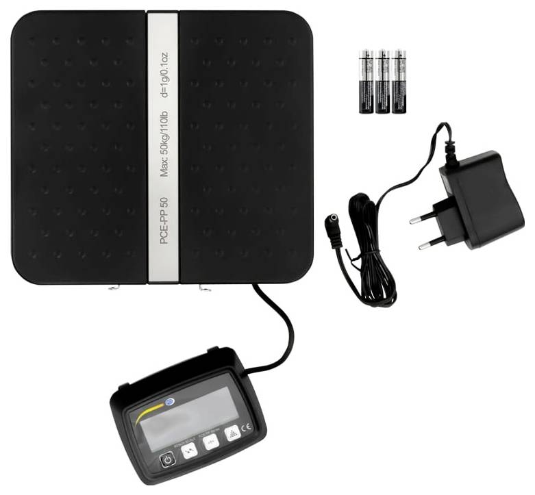 Digitale Postwaage mit separatem Display, Netzteil und Batterien im Lieferumfang enthalten.