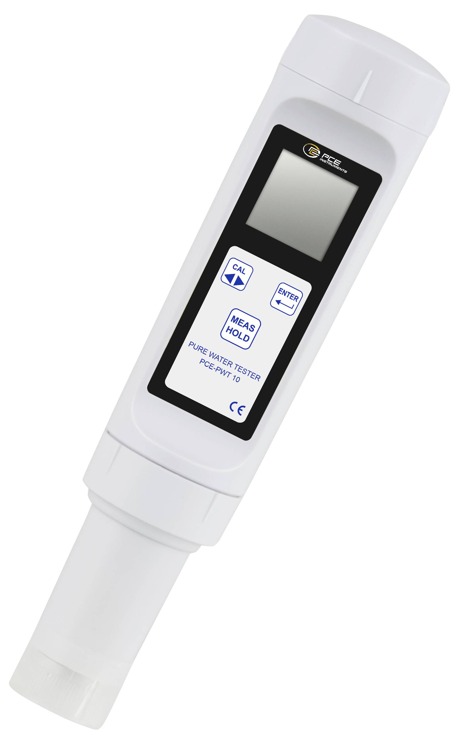 Tragbarer digitaler Wasserqualitätstester mit Display und Tasten mit den Bezeichnungen „CAL", „ENTER" und „MEAS/HOLD" auf einer weißen tragbaren Sonde.