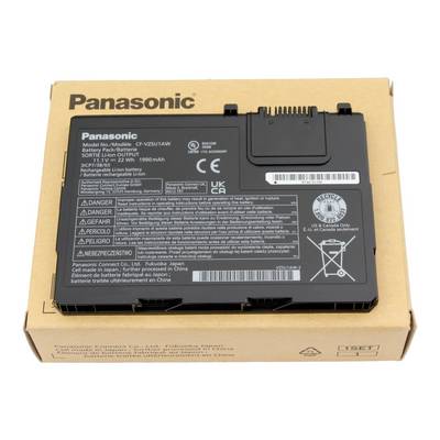 Wiederaufladbare Lithium-Ionen-Laptop-Batterie von Panasonic auf ihrer Pappschachtel, mit dem Modell CF-VZSU1AW gekennzeichnet und mit Warn- und Recycling-Symbolen versehen.
