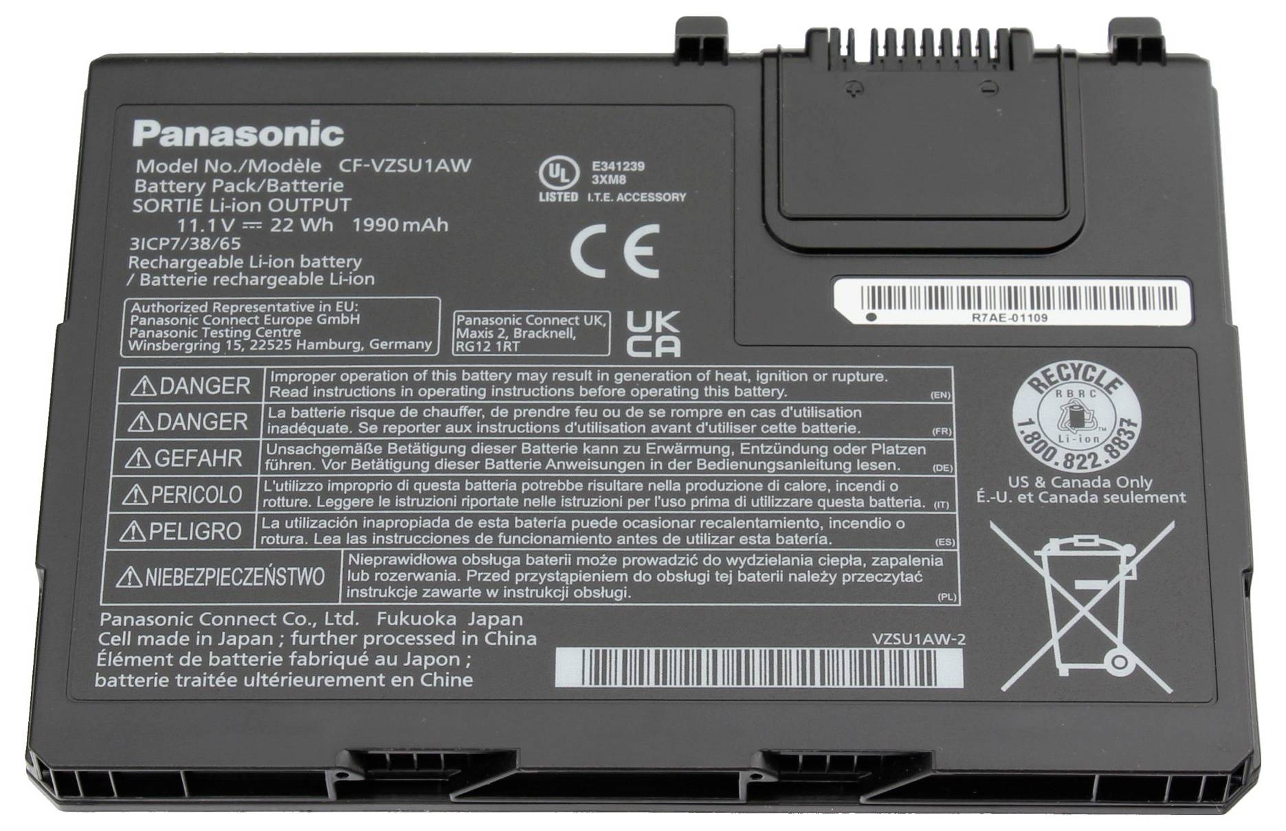 Rückseite eines wiederaufladbaren Lithium-Ionen-Akkupacks von Panasonic mit der Bezeichnung „CF-VZSU1AW" mit Angaben zu Spannung, Kapazität, Sicherheitswarnungen und Recycling-Symbolen.