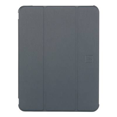 Grau Tablet-Foliohülle mit drei vorderen Paneelen und abgerundeten Ecken, geschlossen vor weißem Hintergrund dargestellt.