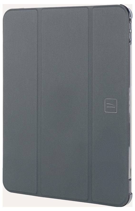 Grauer Tablet-Folio-Etui mit dreiteiligem Vorderdeckel und abgerundeten Ecken, geschlossen auf weißem Hintergrund dargestellt.
