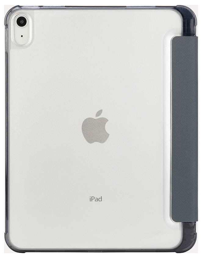 Rückansicht eines iPads in einer dunklen Schutzhülle mit seitlichem Griff, das das Apple-Logo und die rückwärtige Kamera zeigt.