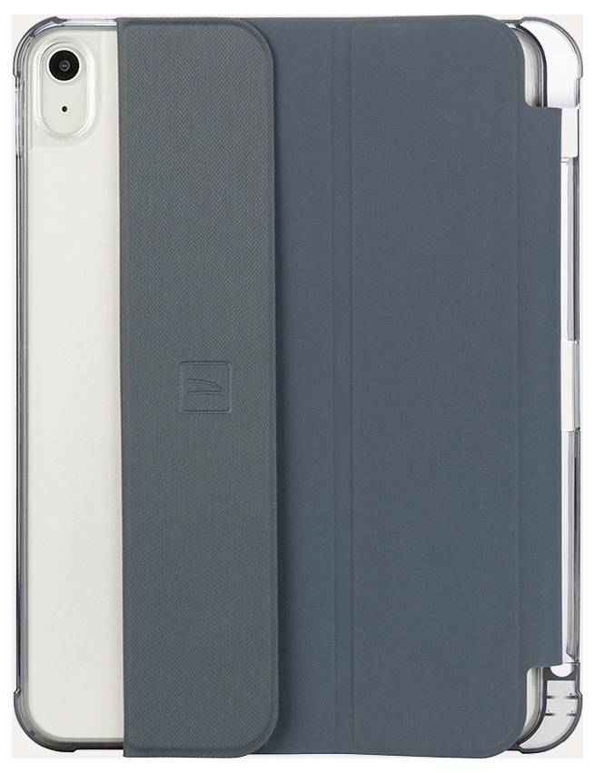 iPhone in einem dunkelblau gepolsterten Schutzcase im Folio-Stil mit transparenten Kanten, Vorderansicht auf weißem Hintergrund.