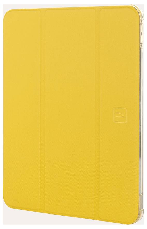Gelbes Tablet-Folio-Etui, geschlossen auf weißem Hintergrund dargestellt, mit transparentem Rand und drei Falten im vorderen Bereich.