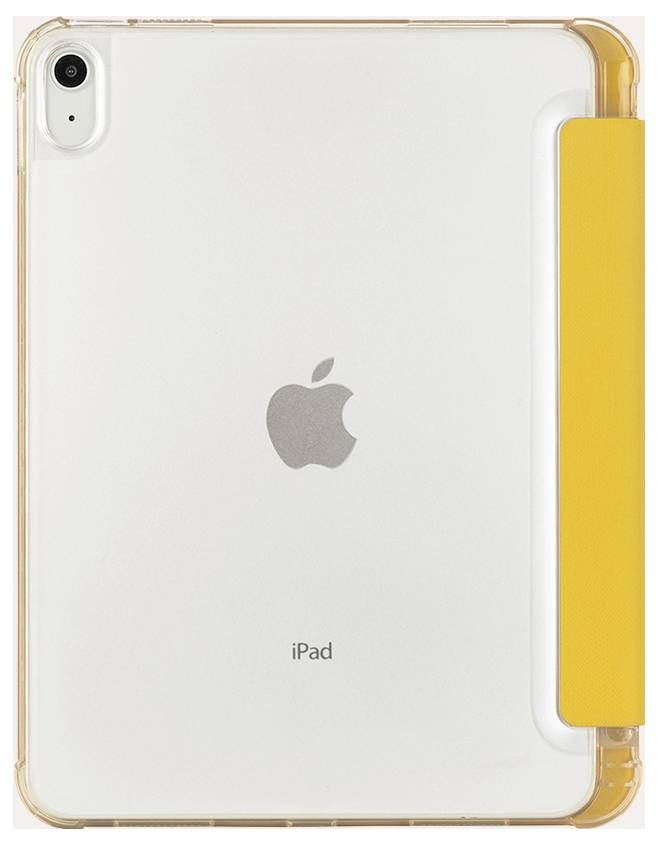 Ein weißes Apple iPad, von hinten gezeigt, in einer transparenten Schutzhülle mit einer gelben Seitenklappe.