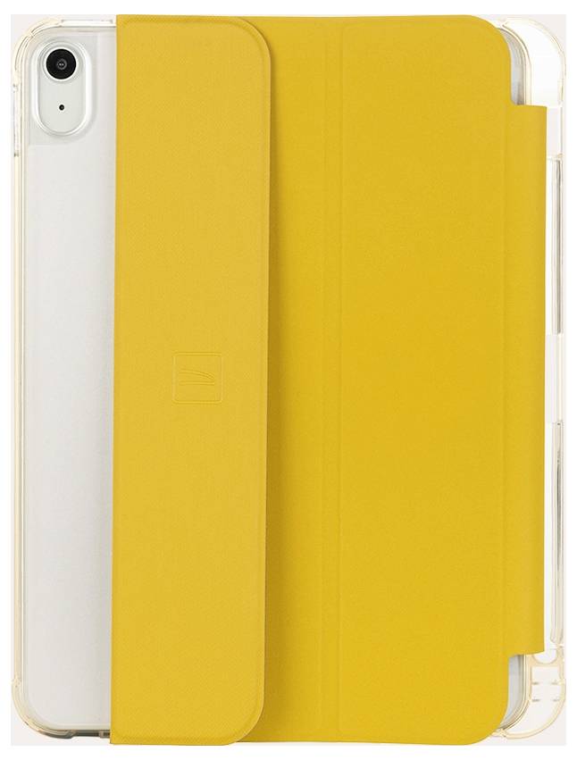 Weißes Smartphone in einer durchsichtigen Schutzhülle mit leuchtendem gelbem Folio-Cover, das teilweise über dem Bildschirm geschlossen ist.
