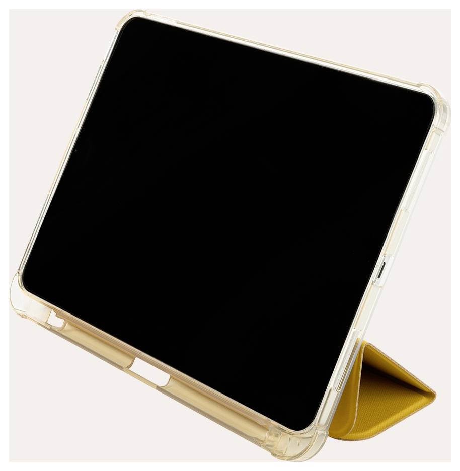 Tablet in einem transparenten Schutzgehäuse mit einem klappbaren gelben Ständer, in einem Winkel auf einem einfachen, hellen Hintergrund gezeigt.
