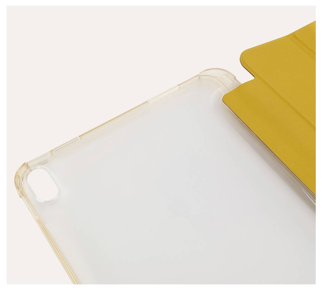 Transparente Handyhülle mit goldfarbenen Kanten neben einem gelben Faltcover, gezeigt auf einem einfachen hellen Hintergrund.