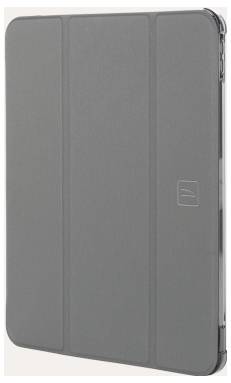 Grauer Tablet-Foliohülle mit dreiteiliger Abdeckung, geschlossen auf einfachem Hintergrund gezeigt.
