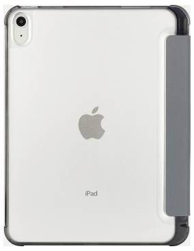 Rückansicht eines silbernen Apple iPad in einer dunklen Schutzhülle, das das Apple-Logo und die rückwärtige Kamera zeigt.