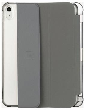 Smartphone in einem grauen Folio-ähnlichen Schutzetui, offen gezeigt mit der vorderen Abdeckung über den Bildschirm geklappt.