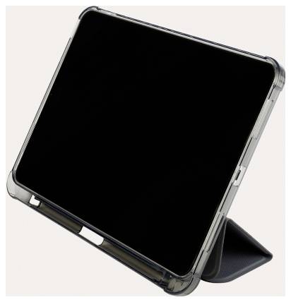 Schwarzes Tablet in einer Schutzhülle mit integriertem Ständer, in einem Winkel auf hellem Hintergrund abgebildet.