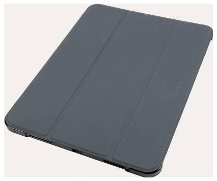 Geschlossene dunkelgraue Tablet-Schutzhülle auf hellem Hintergrund gezeigt.