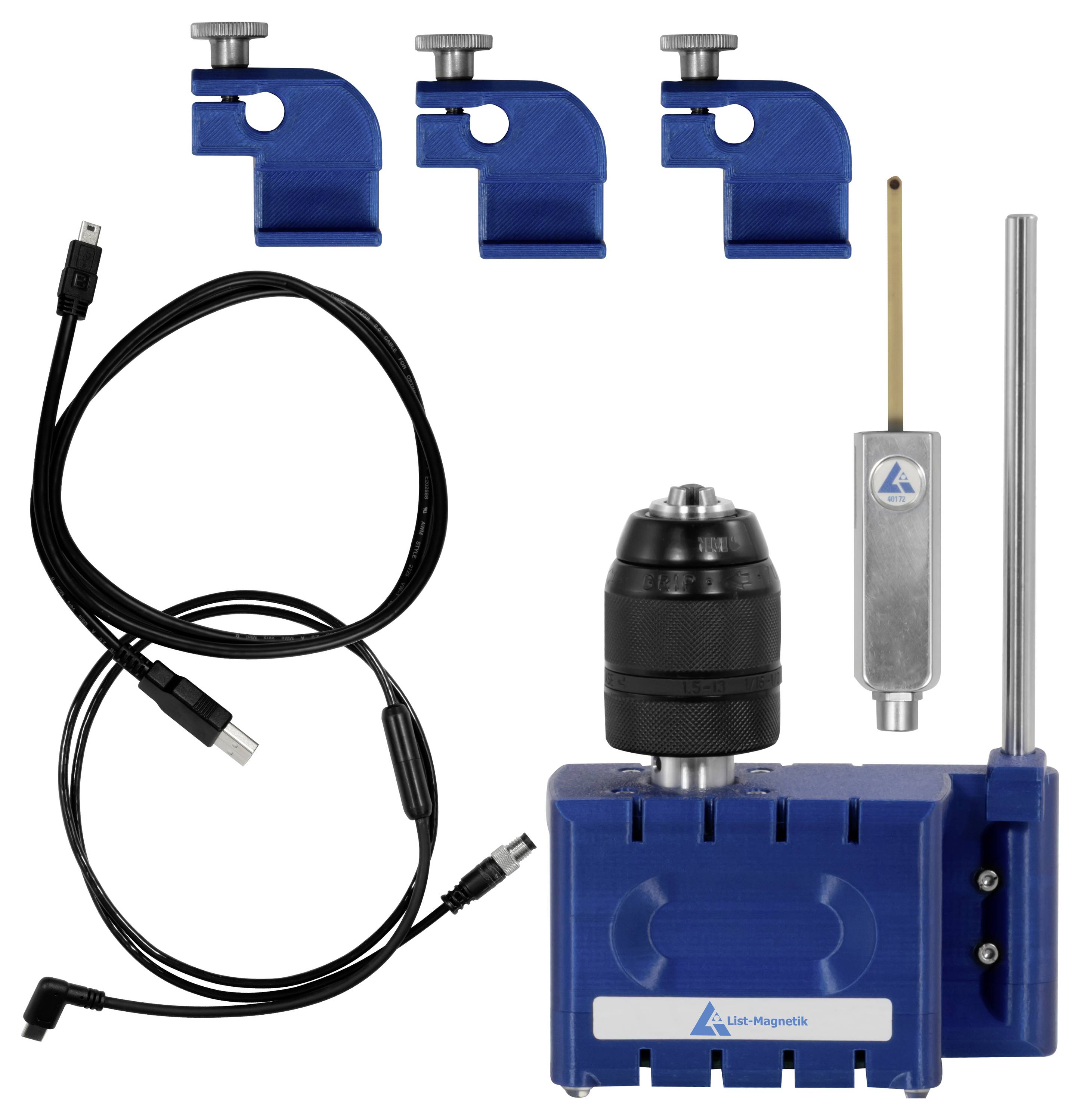 Magnetisches Bohr-Vorrichtungs-Set mit blauen Spannbügeln, USB-Kabel, Bohrfutter und Metall-Ausrichtungsleitfaden auf weißem Hintergrund.
