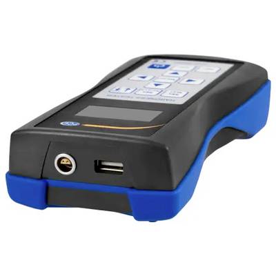 Tragbares tragbares elektronisches Gerät mit Tastatur, kleinem Bildschirm, USB-Anschluss und rundem Stecker in einem blau-schwarzen Gehäuse.